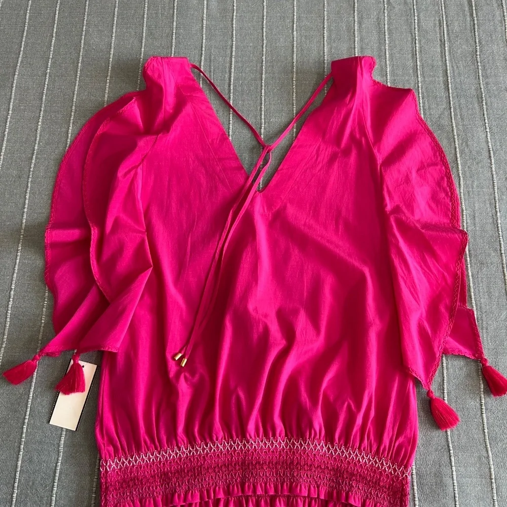 Trina Turk Bright Pink Cancun Ruffled Silk Cotton Smocked Top Sz.S New With Tags - Picture 6 of 9
